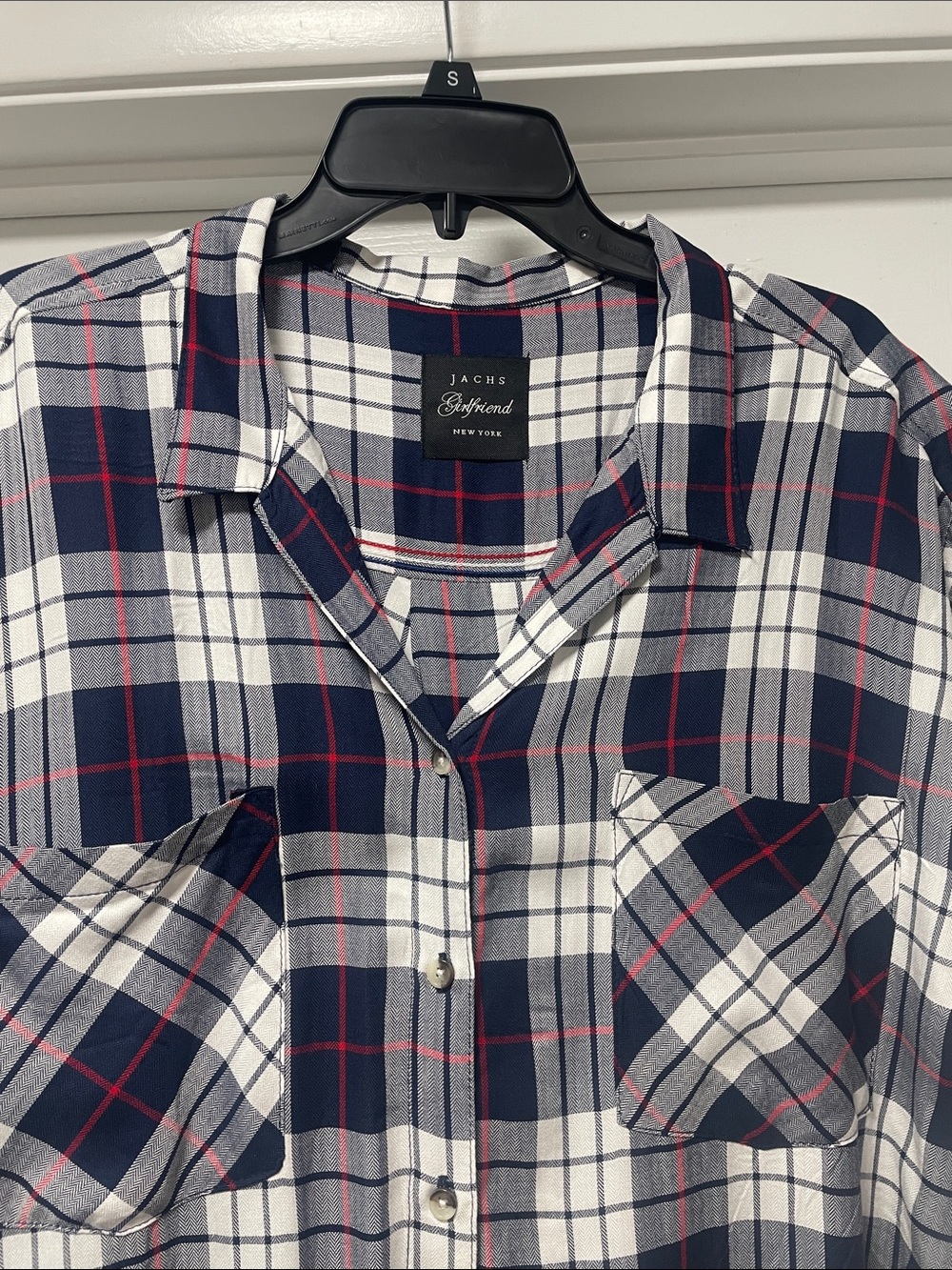 JACHS Girlfriend Navy, White & Red Plaid Button-Down Shirt